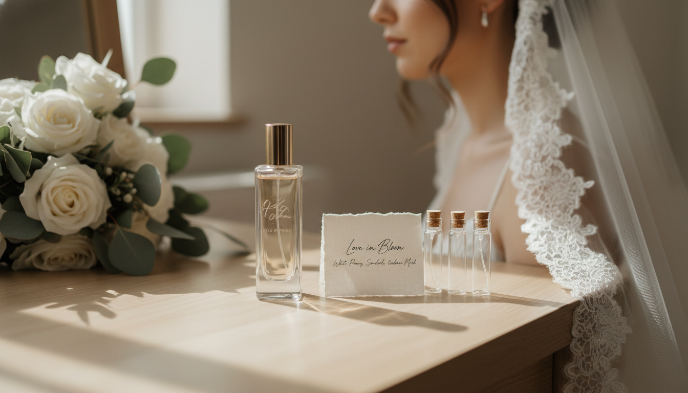 Frasco de perfume elegante sobre penteadeira com pequenos frascos de amostra, buquê de noiva desfocado e ombro da noiva parcialmente visível