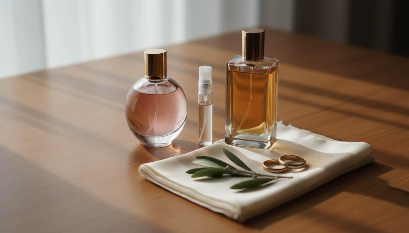 Still life editorial de perfumes para casamento: dois frascos sem marca (rosa e âmbar), frasco travel-size, lenço de seda, alianças e folhagem sobre mesa de madeira.