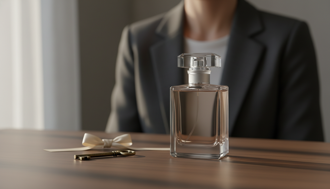 Frasco de perfume de vidro sobre mesa de madeira, com fita de seda e pequena chave ao lado; pessoa recortada e desfocada ao fundo, iluminação natural suave.