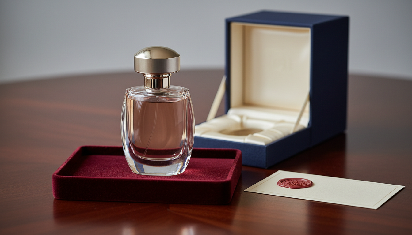 Frasco de perfume de edição limitada sobre bandeja de veludo, com caixa aberta e selo de cera, iluminação editorial suave.