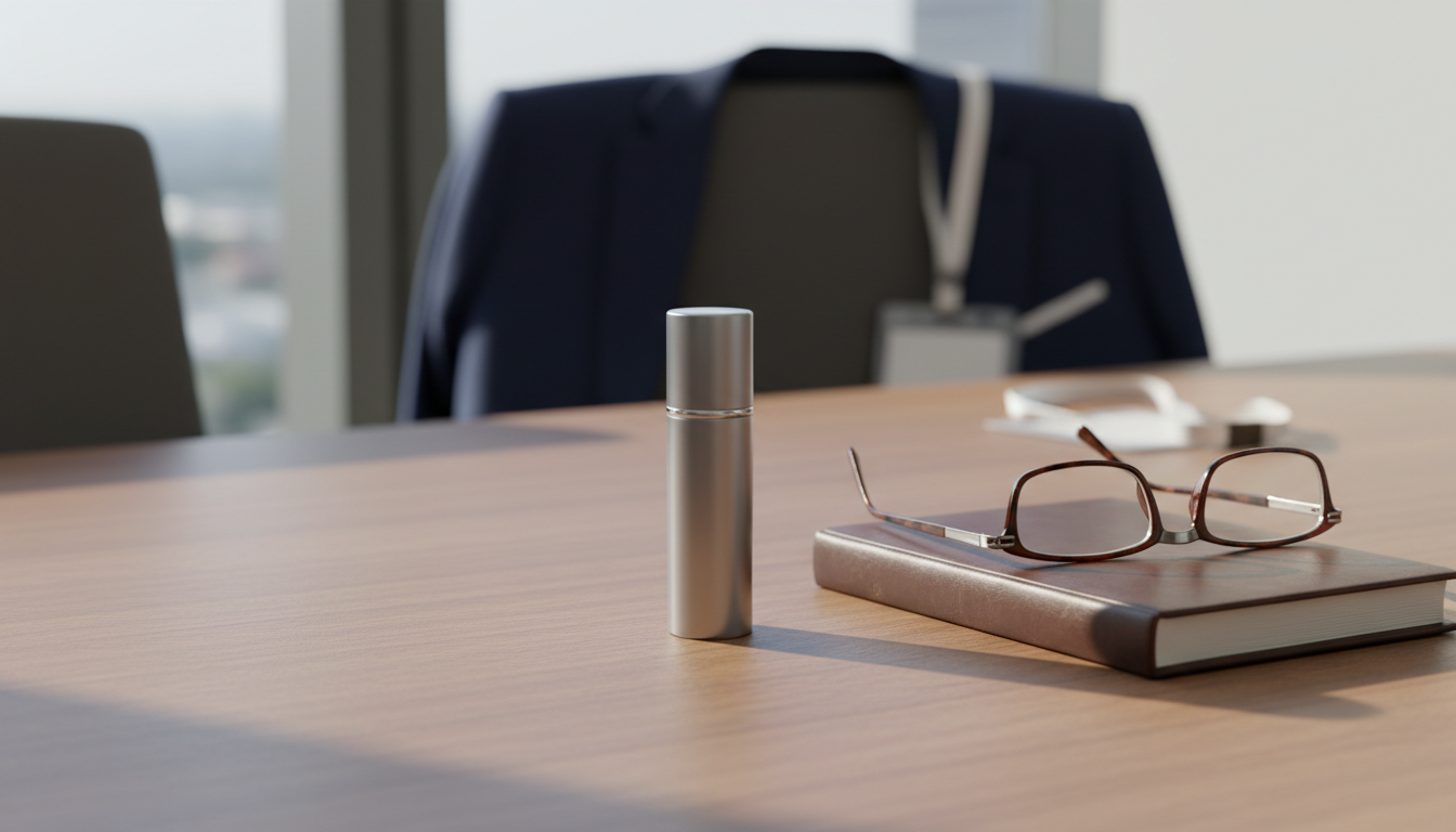 Atomizador de perfume de bolso metálico sobre mesa de conferência de madeira, com caderno de couro, óculos e paletó desfocado ao fundo
