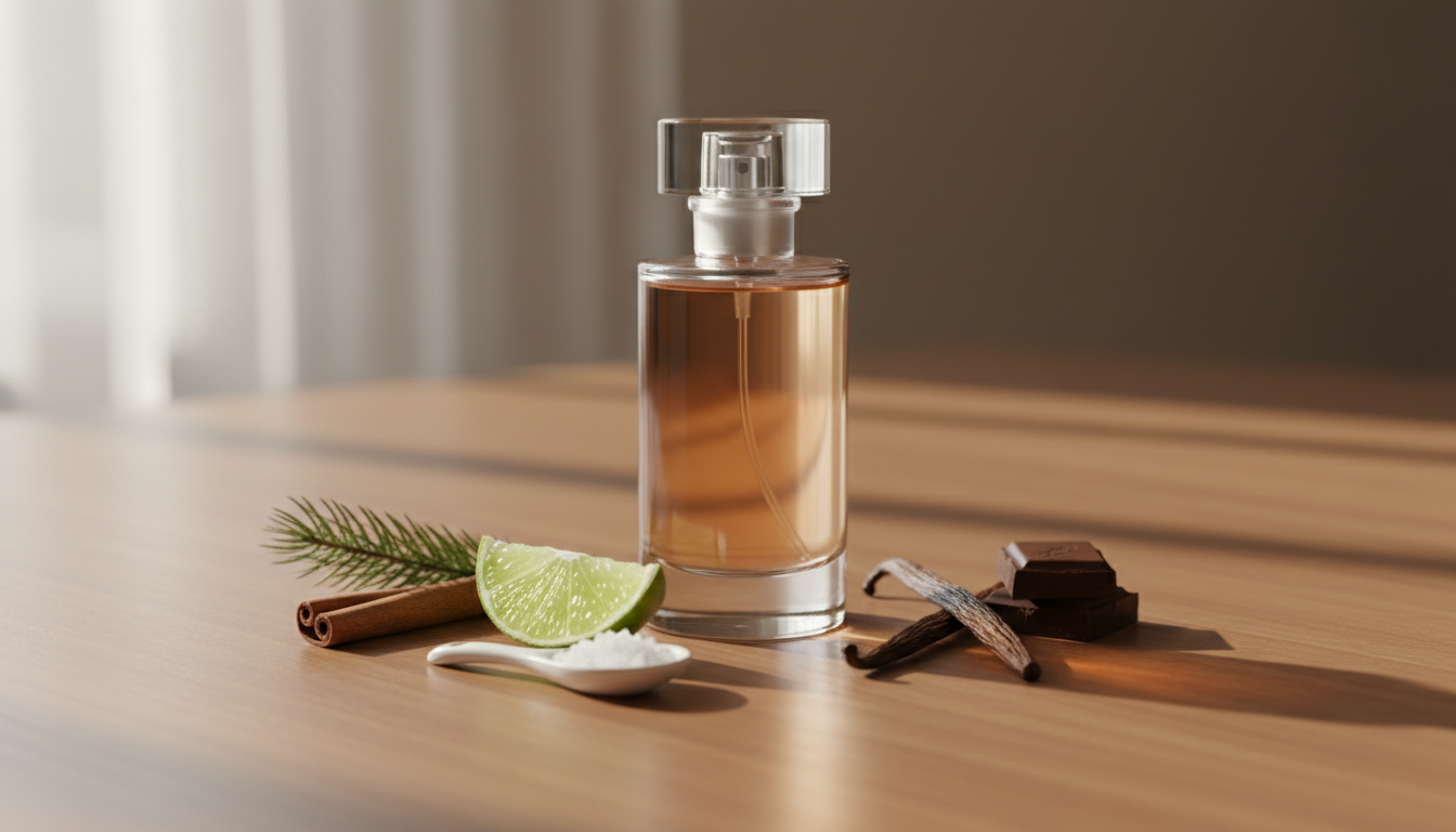 Frasco de perfume elegante sobre mesa de madeira, cercado por canela com raminho de pinho, fatia de lima com sal grosso e fava de baunilha com chocolate, sugerindo perfumes para diferentes comemorações.