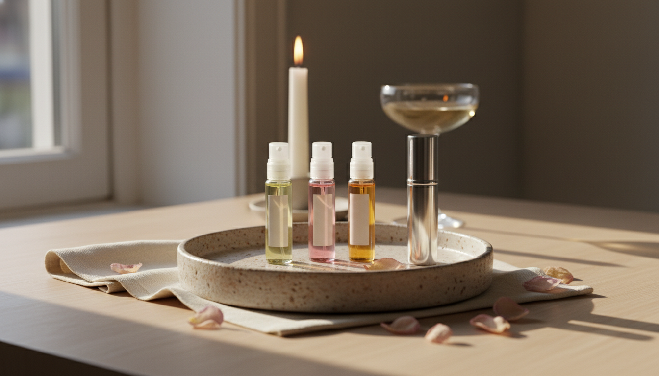 Bandeja cerâmica com três amostras de perfume sem rótulos sobre guardanapo de linho, com pétalas de rosa e vela acesa em mesa de madeira em luz natural.