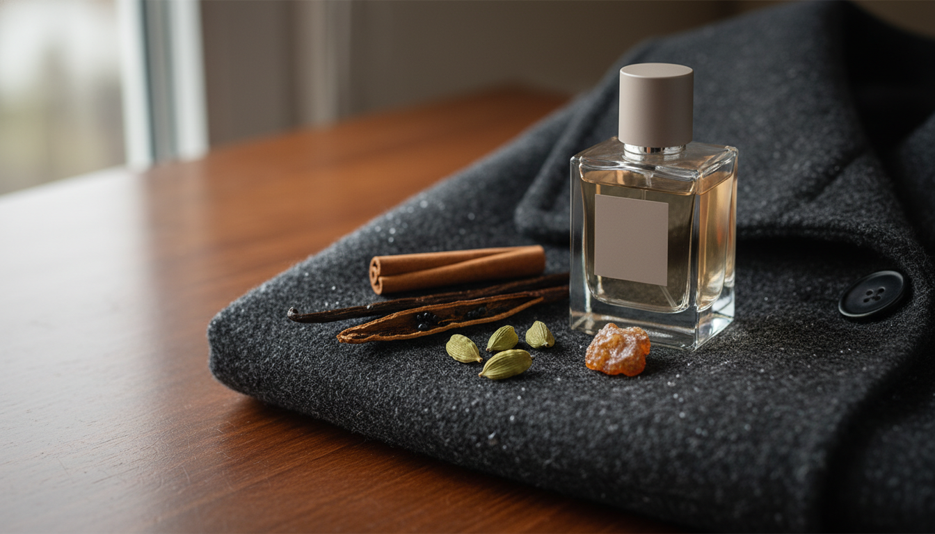 Frasco de perfume sem marca apoiado sobre tecido de lã úmido, com canela, fava de baunilha, cardamomo e resina âmbar ao lado, gotas de chuva visíveis.