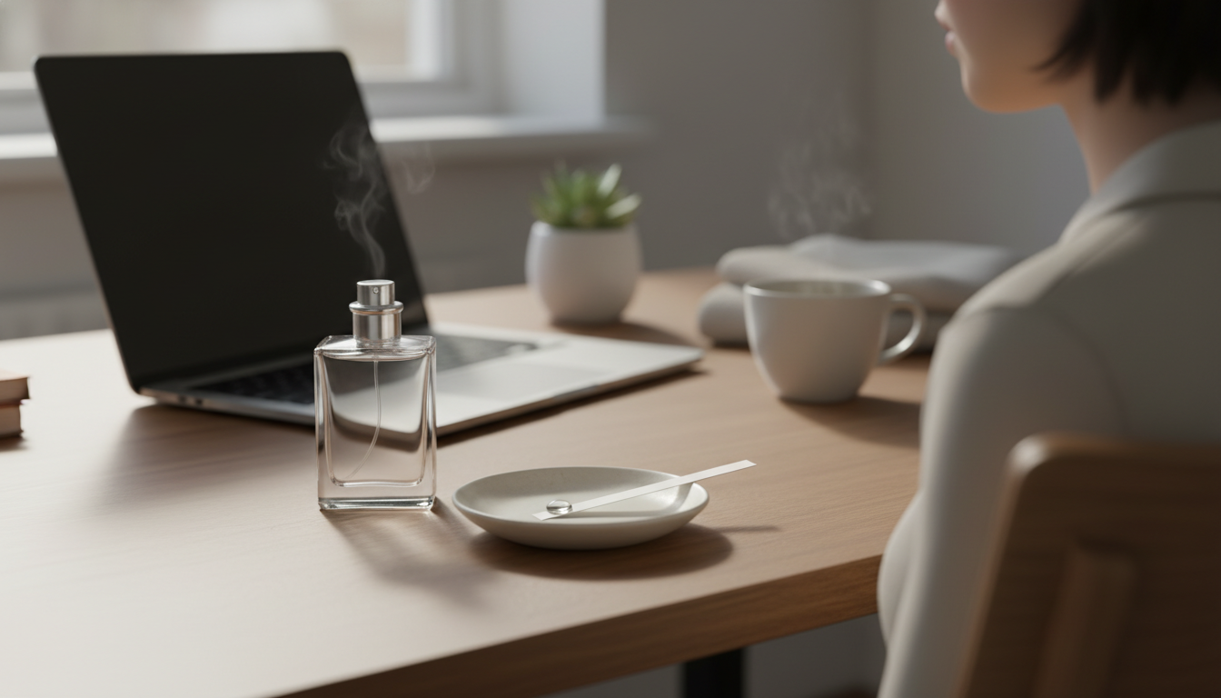 Mesa de home office com um frasco de perfume sem marca e uma tira olfativa com uma gota sobre um pratinho, laptop desfocado ao fundo e ombro de pessoa em foco suave.