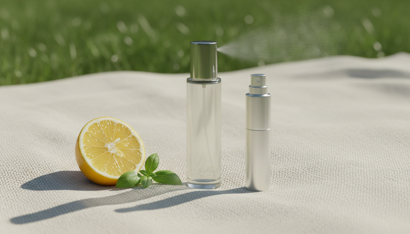 Frasco de perfume e mini-atomizador sobre toalha de piquenique de linho, com fatia de limão e ramo de hortelã ao lado, névoa fina no ar e gramado desfocado ao fundo.
