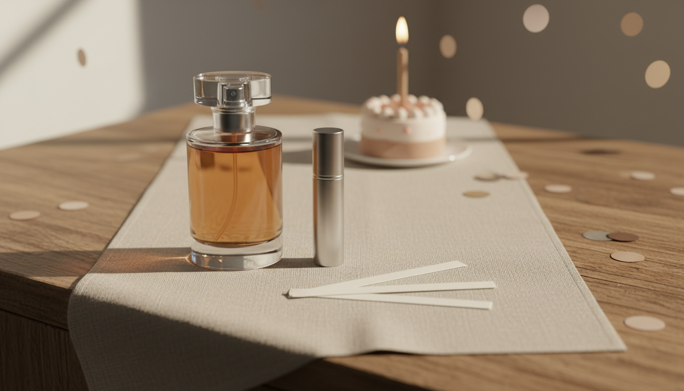Composição editorial: frasco de perfume EDP sem marca, atomizador travel-size e tiras de teste sobre toalha de linho, bolo desfocado ao fundo com vela e confete sutil.