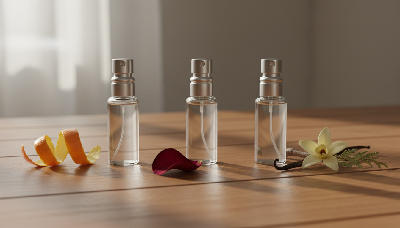 Trio de decants de perfume sobre madeira: frasco junto a casca de cítrico, frasco com pétala de rosa seca e frasco com fava de baunilha e ramo de cedro, luz natural lateral.