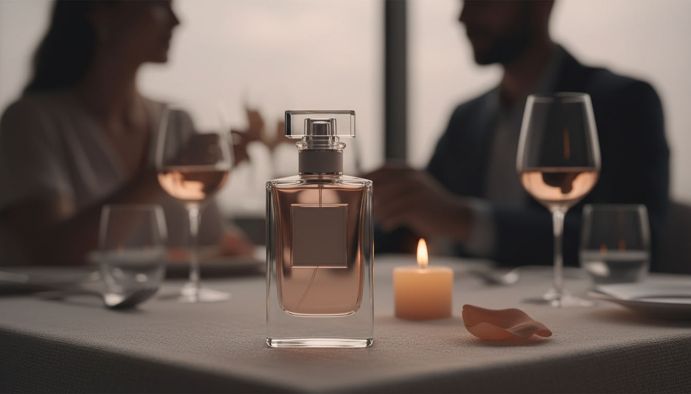 Garrafa de perfume neutra sobre mesa de jantar elegante com vela acesa e pétala de rosa; casal desfocado ao fundo em luz baixa.