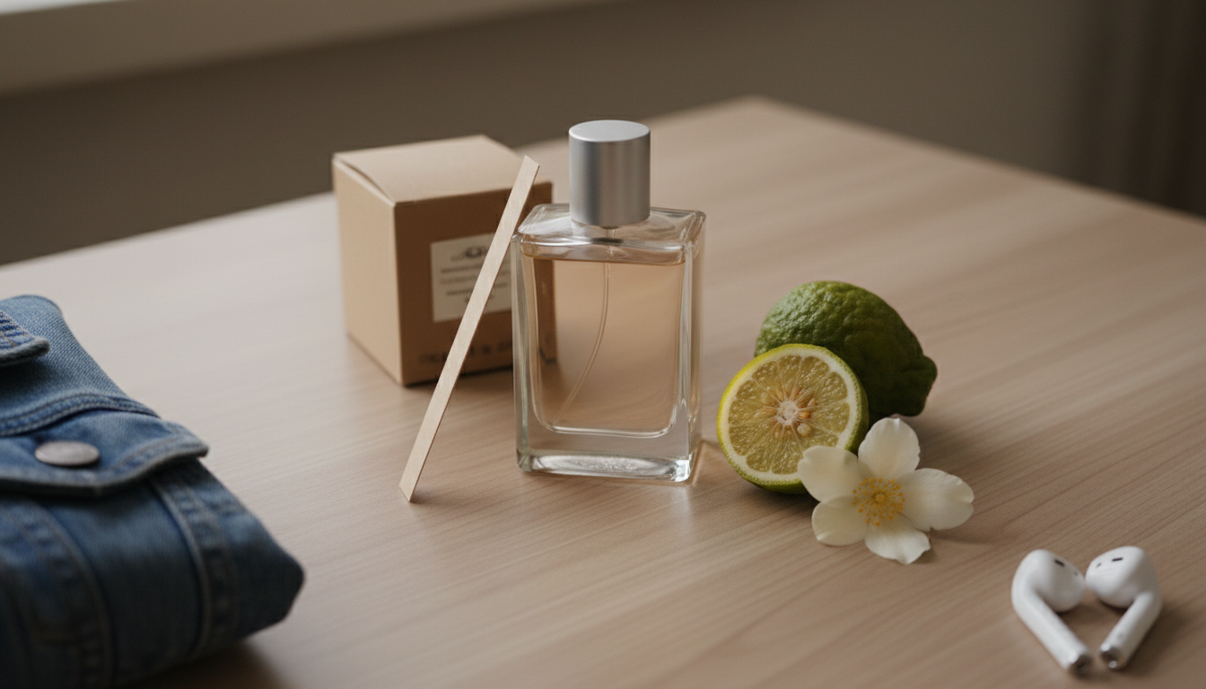 Frasco de perfume minimalista sobre mesa de madeira com bergamota cortada, flor de jasmim, tira de teste em papel e caixa reciclável, iluminação natural editorial.