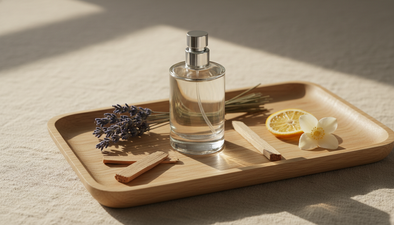 Garrafa de perfume sem marca sobre bandeja de madeira, com ramos de lavanda, lasca de sândalo, fatia de bergamota e pétala de jasmim, em tecido de linho claro, foto editorial realista.