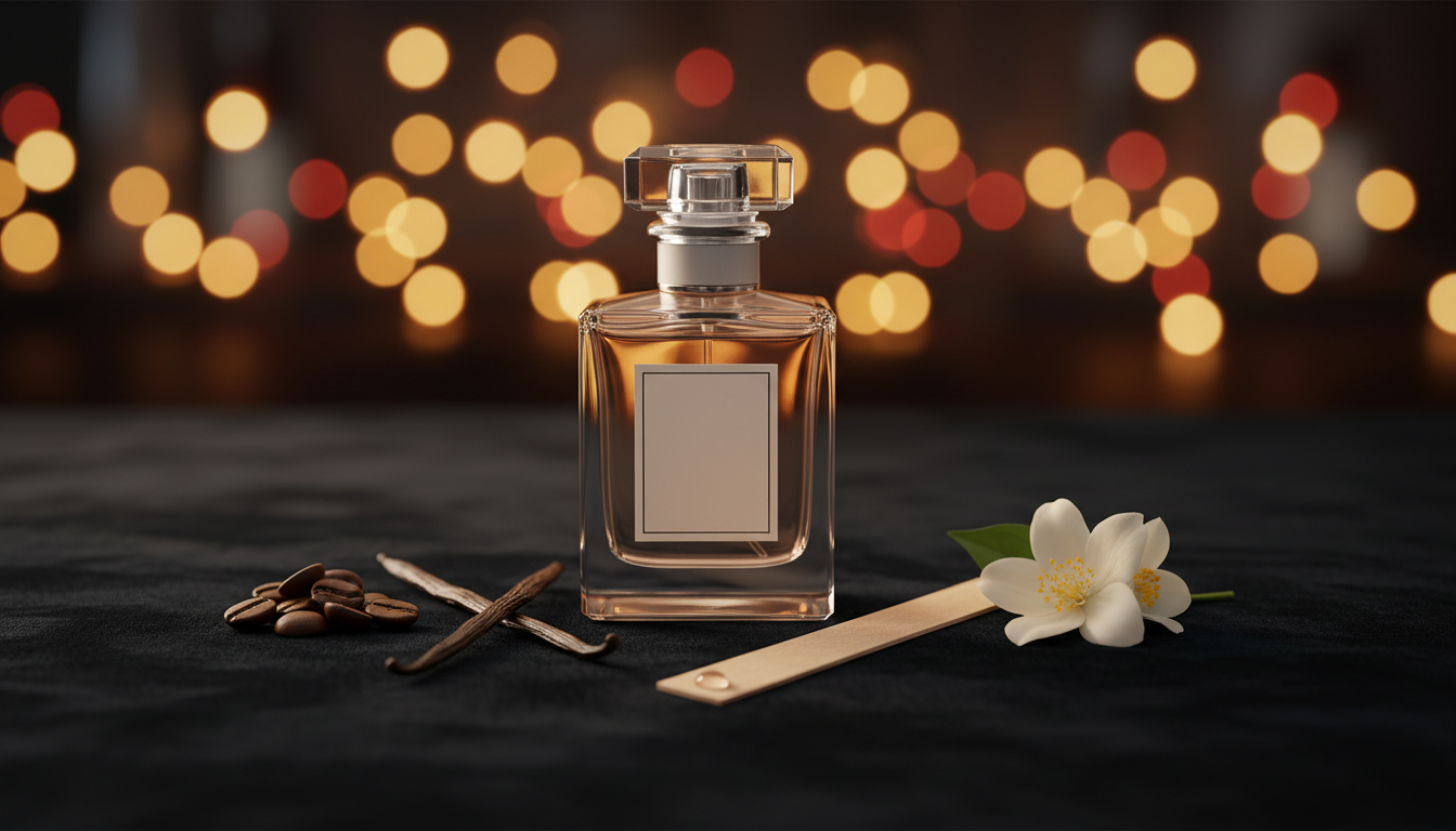 Frasco de perfume elegante sobre tecido de veludo escuro, com uma tira de teste inclinada e pequenos elementos que representam notas (grãos de café, fava de baunilha, lasca de madeira e flor de jasmim), fundo com luzes de festa desfocadas.