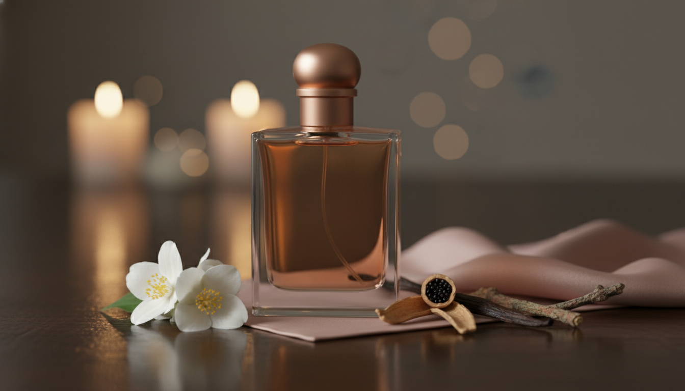 Frasco de perfume âmbar sobre mesa de madeira com jasmim, fava de baunilha e galho de cedro; vela desfocada ao fundo.