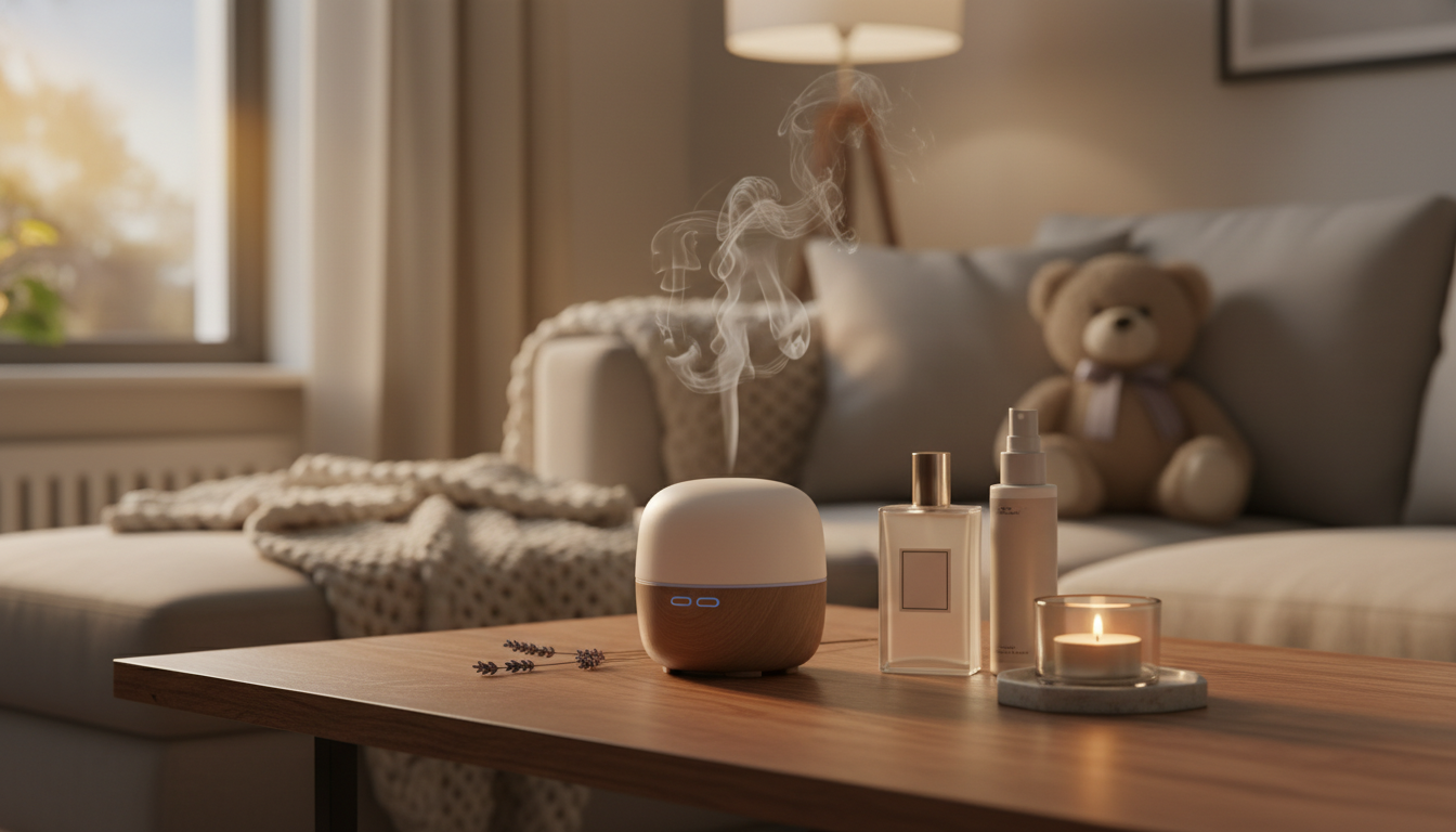 Mesa de centro com difusor elétrico emitindo vapor, frasco de perfume fosco sem marca, body mist, vela em copo e ramo de lavanda, manta dobrada ao fundo em sala acolhedora à noite.