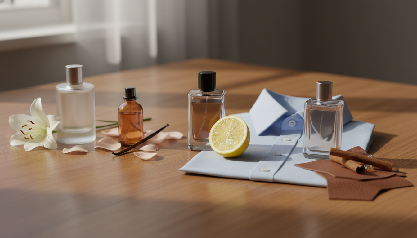 Arranjo editorial de frascos de perfume sobre mesa de madeira com lírio branco, pétalas de rosa e fava de baunilha, rodelas de limão e colarinho de camisa dobrado, e pequeno pedaço de couro com canela, iluminado por luz natural suave.