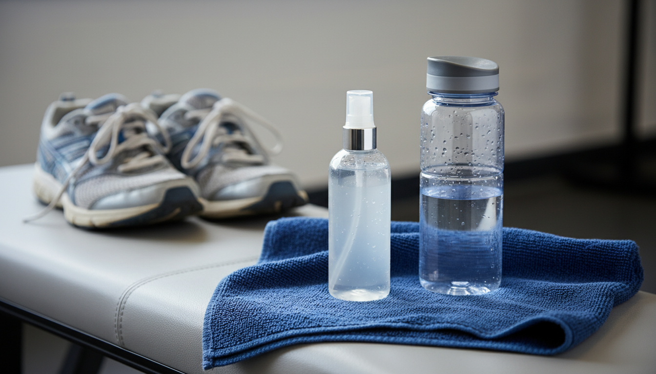 Frasco travel-size de body splash apoiado em um banco de academia, com toalha dobrada e garrafa de água ao lado; tênis desfocado ao fundo.