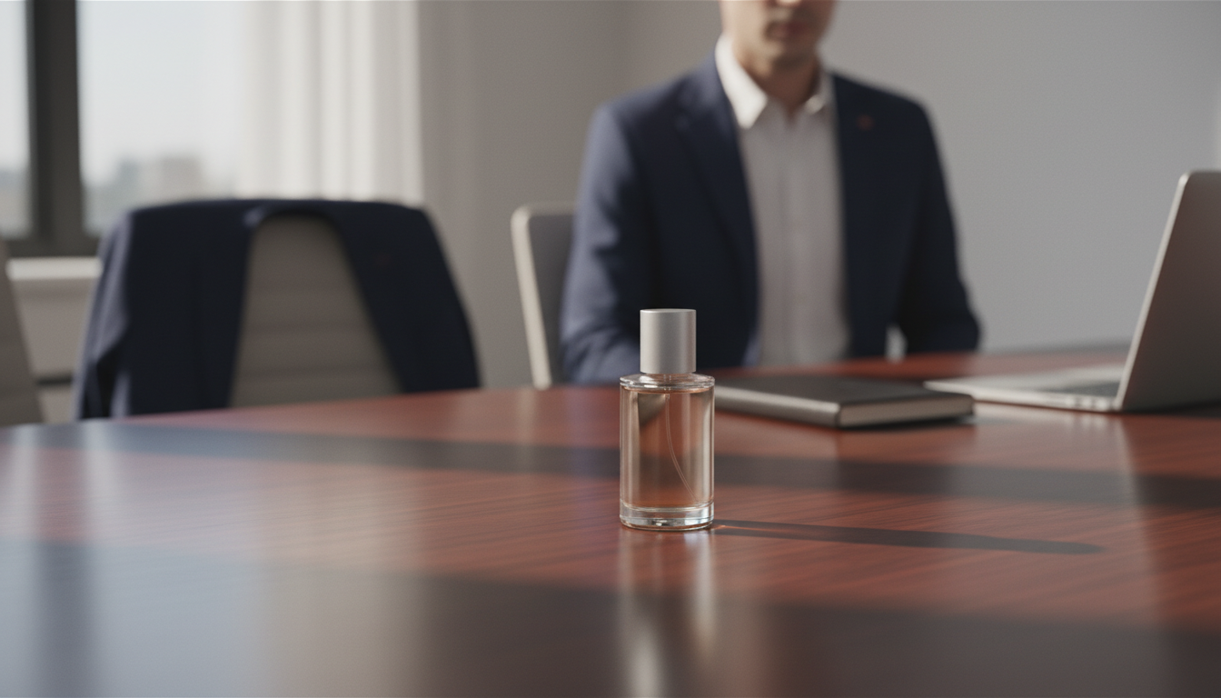 Frasco de perfume elegante sem rótulo sobre mesa de reunião em madeira, com parte do pescoço e ombro de uma pessoa vestindo camisa branca e blazer azul ao fundo, blazer dobrado no encosto da cadeira e caderno fechado ao lado, iluminação natural.