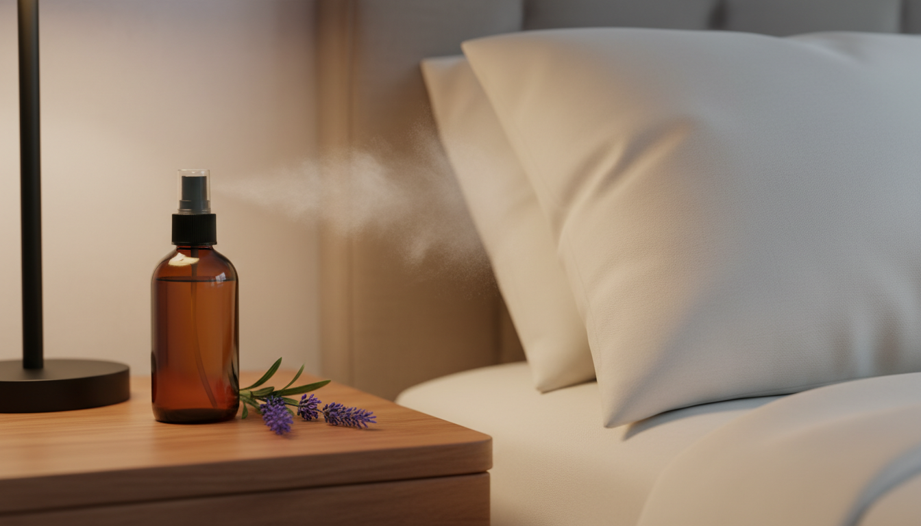 Travesseiro com fronha de algodão e leve névoa sobre a superfície, frasco âmbar de pillow mist sem rótulo apoiado em criado-mudo de madeira e um raminho de lavanda, iluminação suave e acolhedora.