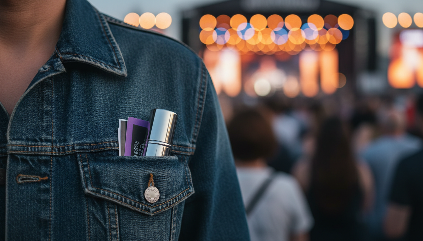 Três-quartos de pessoa com atomizador de perfume de bolso parcialmente visível no bolso da jaqueta, pulseira de show e luzes de palco desfocadas ao fundo.