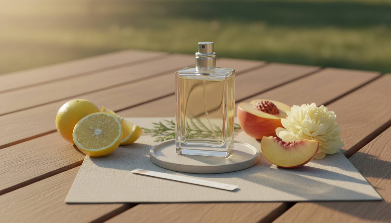 Frasco de perfume de vidro transparente sobre mesa de madeira ao ar livre, com rodelas de bergamota e limão, fatia de pêssego, pequena flor de peônia e um ramo fino de cedro, luz de fim de tarde e composição editorial.
