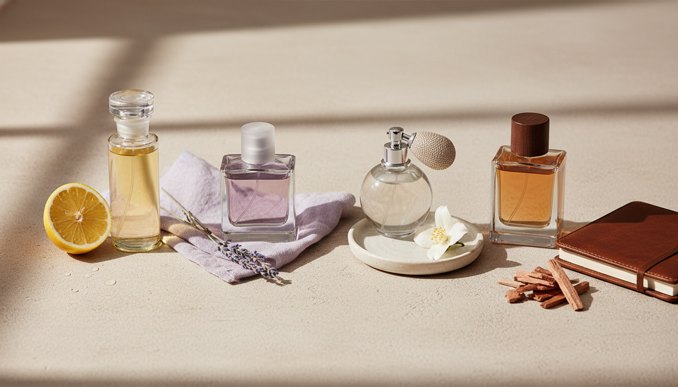 Quatro frascos de perfume sem rótulo alinhados sobre superfície texturizada, com uma fatia de limão, um ramo de lavanda, uma flor de jasmim e lascas de sândalo ao lado de cada frasco, luz natural suave.
