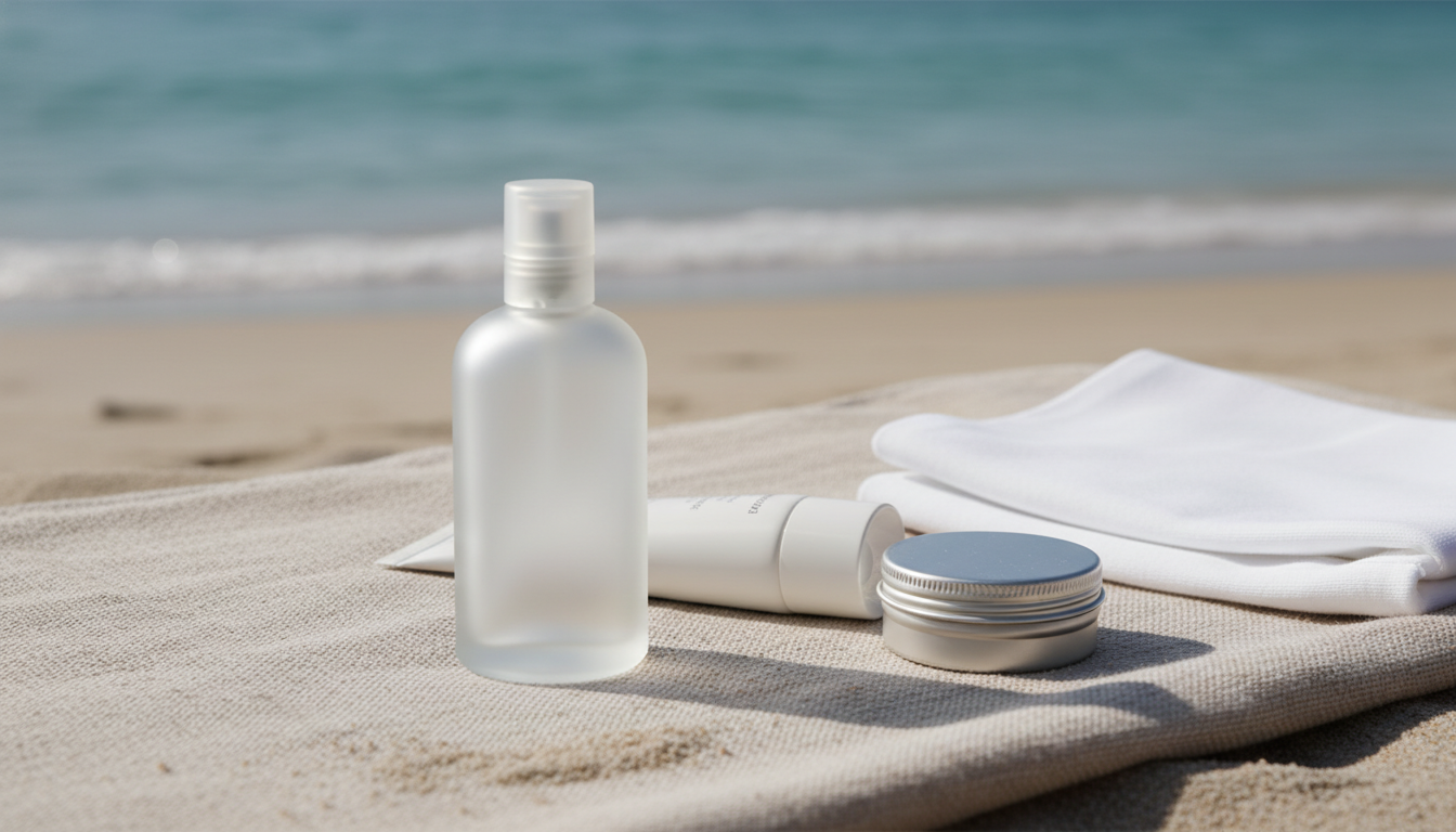 Frasco travel-size de perfume sobre toalha de linho na praia, com tubo de protetor solar e pequeno estojo de perfume sólido, areia e mar desfocados ao fundo.