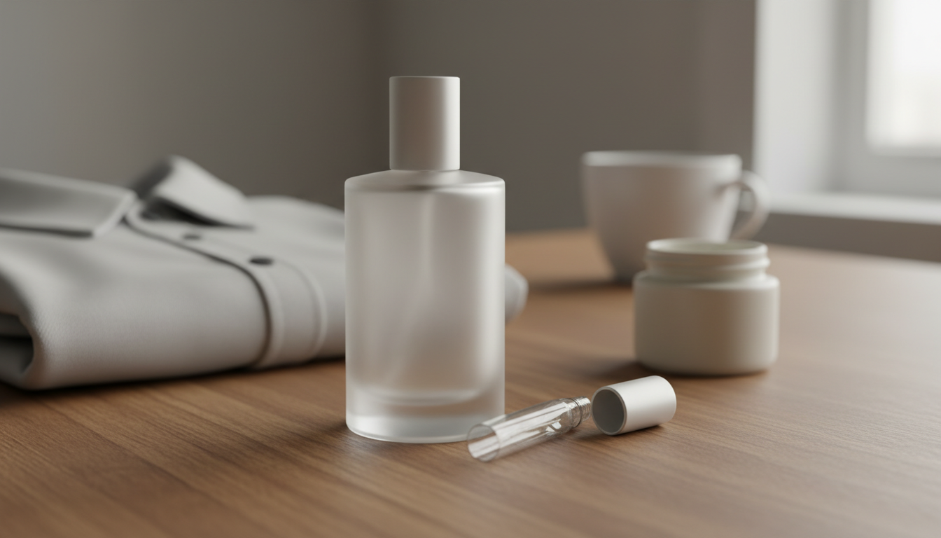 Frasco de perfume fosco sem rótulo sobre mesa de madeira, ao lado de uma miniatura aberta, camisa dobrada e pote de creme, sob luz natural suave.