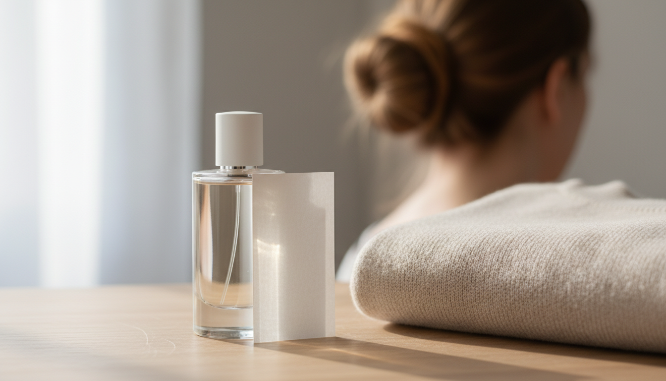 Frasco de perfume sem marca sobre penteadeira de madeira, com tira olfativa apoiada e a nuca de uma pessoa desfocada ao fundo sob luz natural suave.