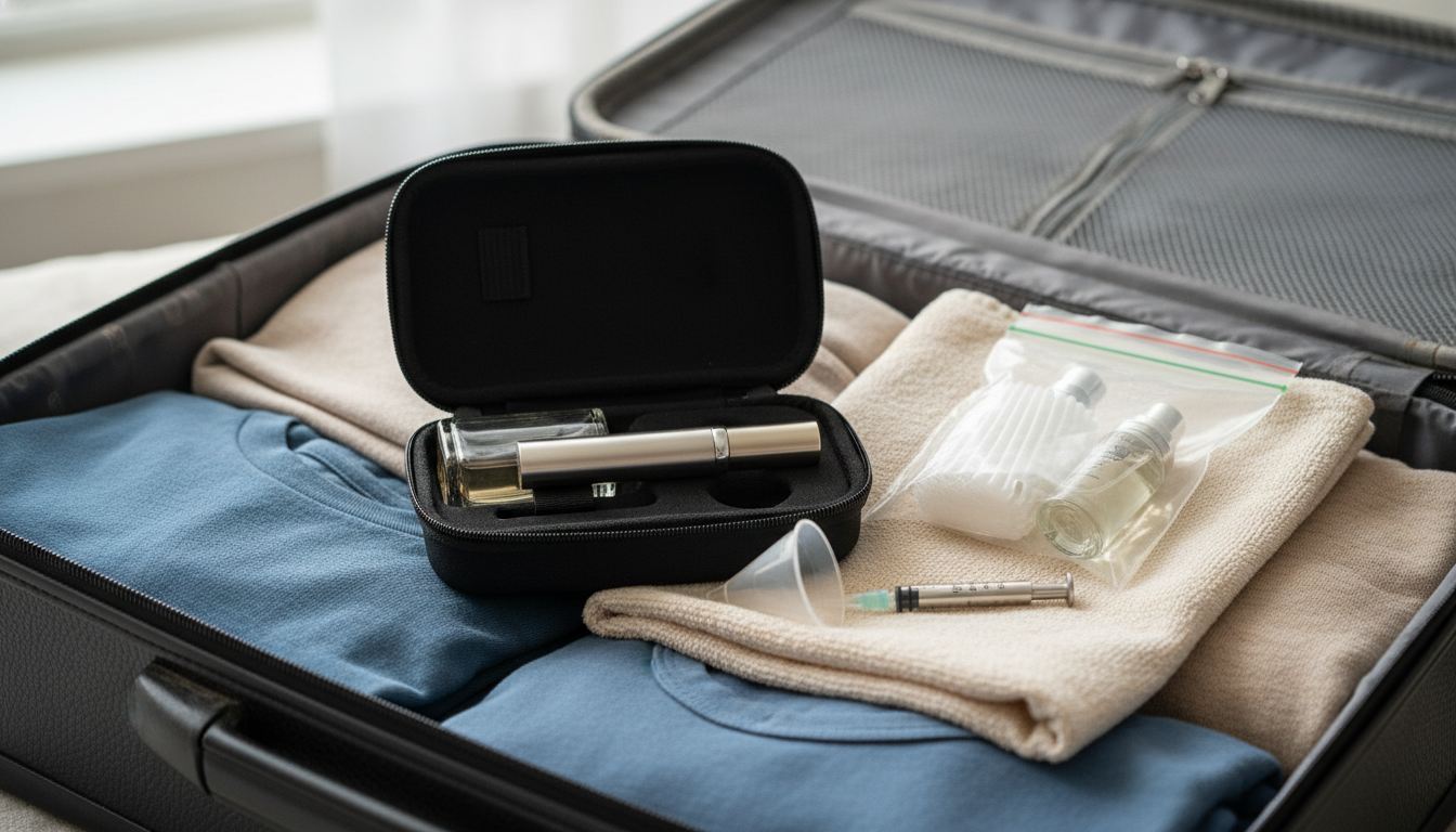 Mala de mão aberta com estojo acolchoado contendo atomizador e frasco travel‑size, saco plástico vedável com frasco, roupas macias como amortecimento e funil para transferir perfume, iluminação natural suave.
