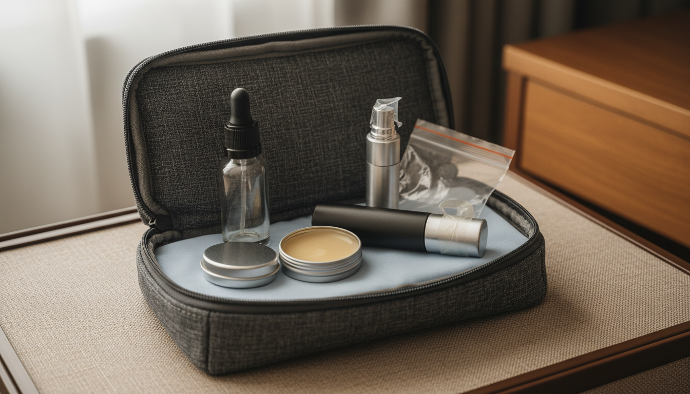 Nécessaire acolchoada aberta sobre tecido de mala com um frasco decant de vidro (10 ml), roll-on fosco, mini spray com fita protetora e um sachê de perfume sólido levemente aberto, dispostos de forma organizada.