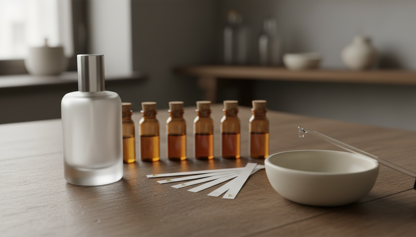 Mesa de atelier com garrafa de perfume sem marca, frascos ambrados de amostras, tiras olfativas e pipeta sobre uma bandeja, em luz natural suave.