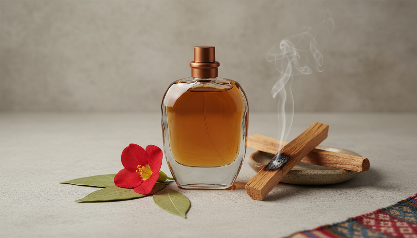 Composição editorial: frasco de perfume âmbar sem rótulo sobre pedra, com pau de Palo Santo, flor de Cantuta e folhas de coca dispostas com elegância.