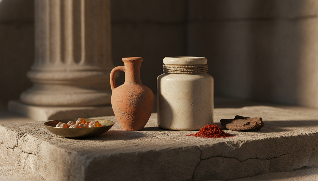 Still-life editorial com frascos arqueológicos (unguentarium de terracota e pote de alabastro) sobre laje de pedra, ao lado de resina âmbar, fios de açafrão e lasca de oud, em luz natural suave.