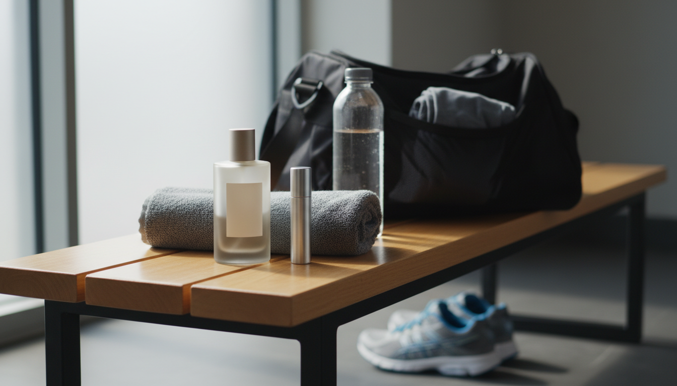 Bancada de academia com um frasco de perfume sem rótulo e um atomizador de viagem sobre uma toalha enrolada, garrafa de água com condensação, bolsa de treino aberta e tênis ao fundo, iluminados por luz natural.