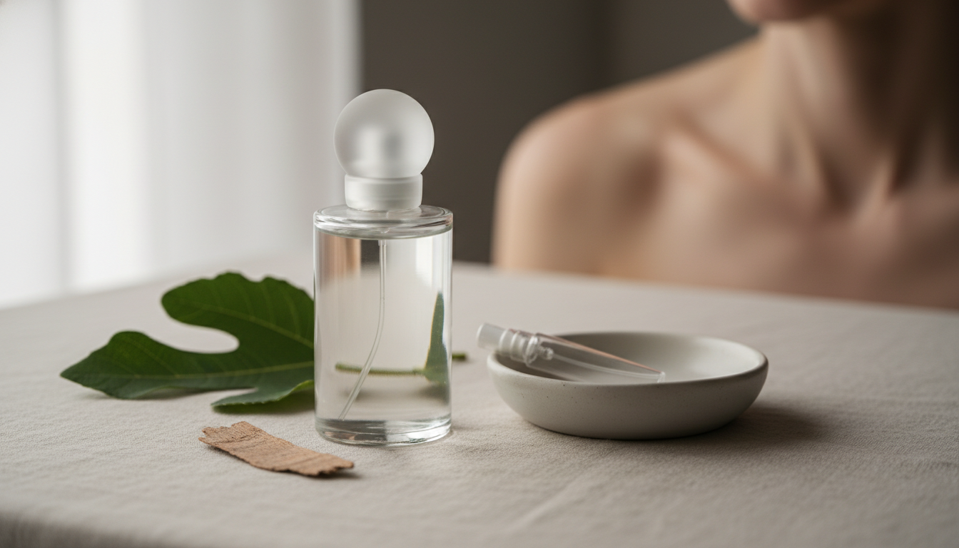 Frasco de perfume minimalista sem rótulo sobre tecido de linho bege, com um pequeno decant em vidro, uma folha de figo e uma lasca de cedro; ombro e base do pescoço desfocados ao fundo, iluminação natural suave.