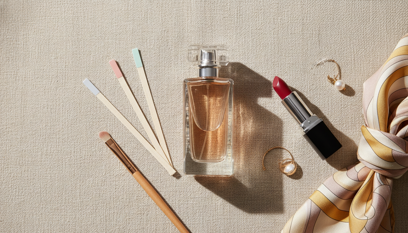 Flat-lay editorial com frasco de perfume central, três tiras de teste de fragrância sobre tecido de linho, batom vermelho e acessórios dourados, iluminação natural suave.