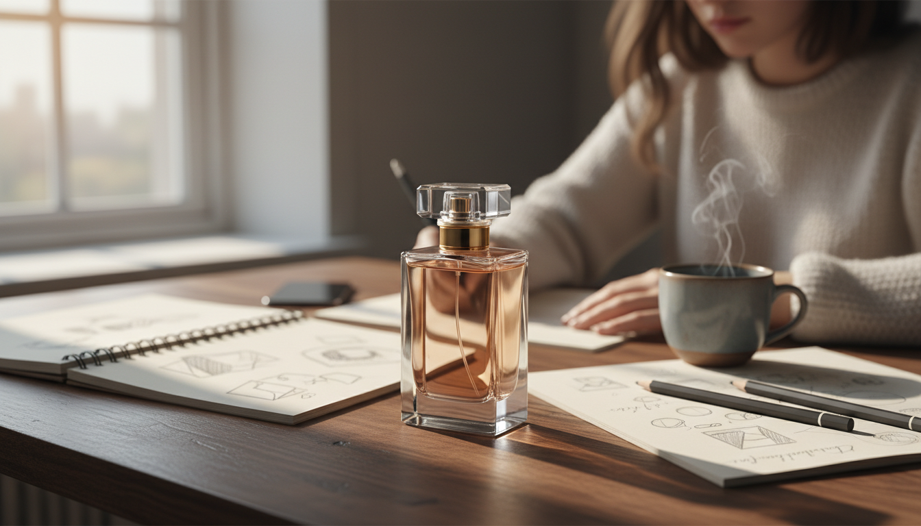 Frasco de perfume elegante sem rótulo sobre mesa de madeira, com caderno aberto, lápis e xícara de café; perfil humano parcial desfocado ao fundo, iluminação natural suave.