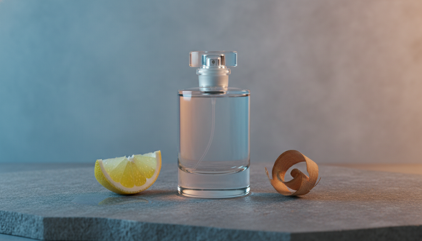Frasco de perfume sem rótulo sobre superfície de pedra, iluminado com tom frio à esquerda (fatia de limão com orvalho) e tom quente à direita (raspa de madeira), sugerindo mudança da fragrância com o clima.