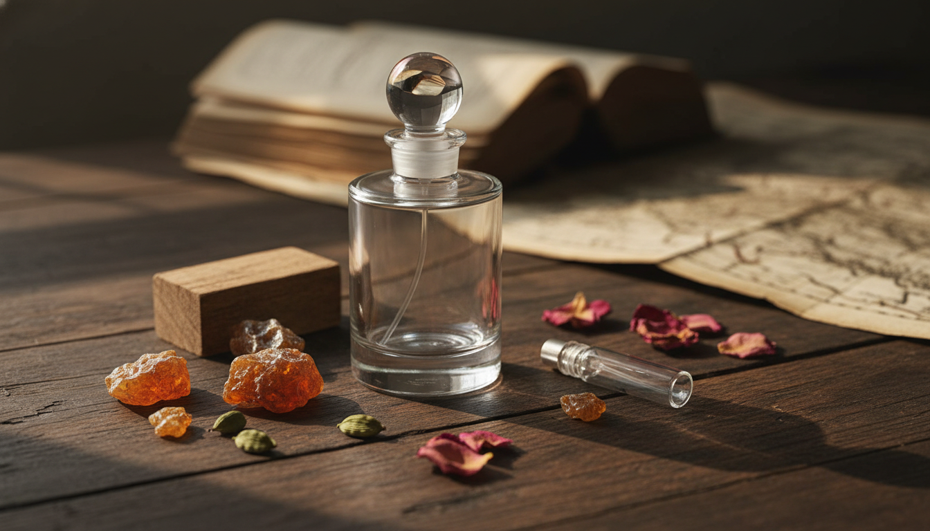Frasco clássico de perfume sobre mesa de madeira escura, cercado por pedaços de resina âmbar, um pedaço de cedro, pétalas de rosa secas, vagens de cardamomo e um pequeno decant, em luz natural suave.