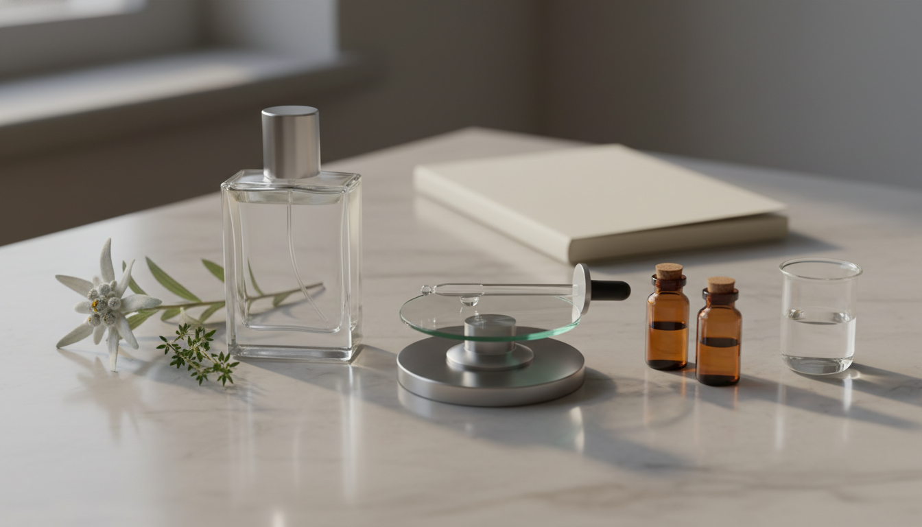 Frasco de perfume sem rótulo sobre bancada de mármore com balança de precisão, pipeta com gota, vials âmbar e ramo de edelweiss.
