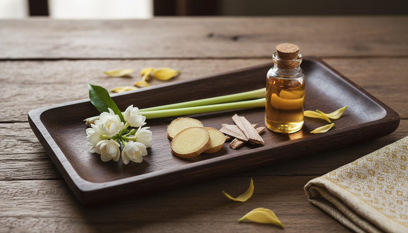 Bandeja de madeira com jasmim, talos de lemongrass, raiz de gengibre, lascas de sândalo e frasco âmbar sobre mesa rústica, iluminação natural.