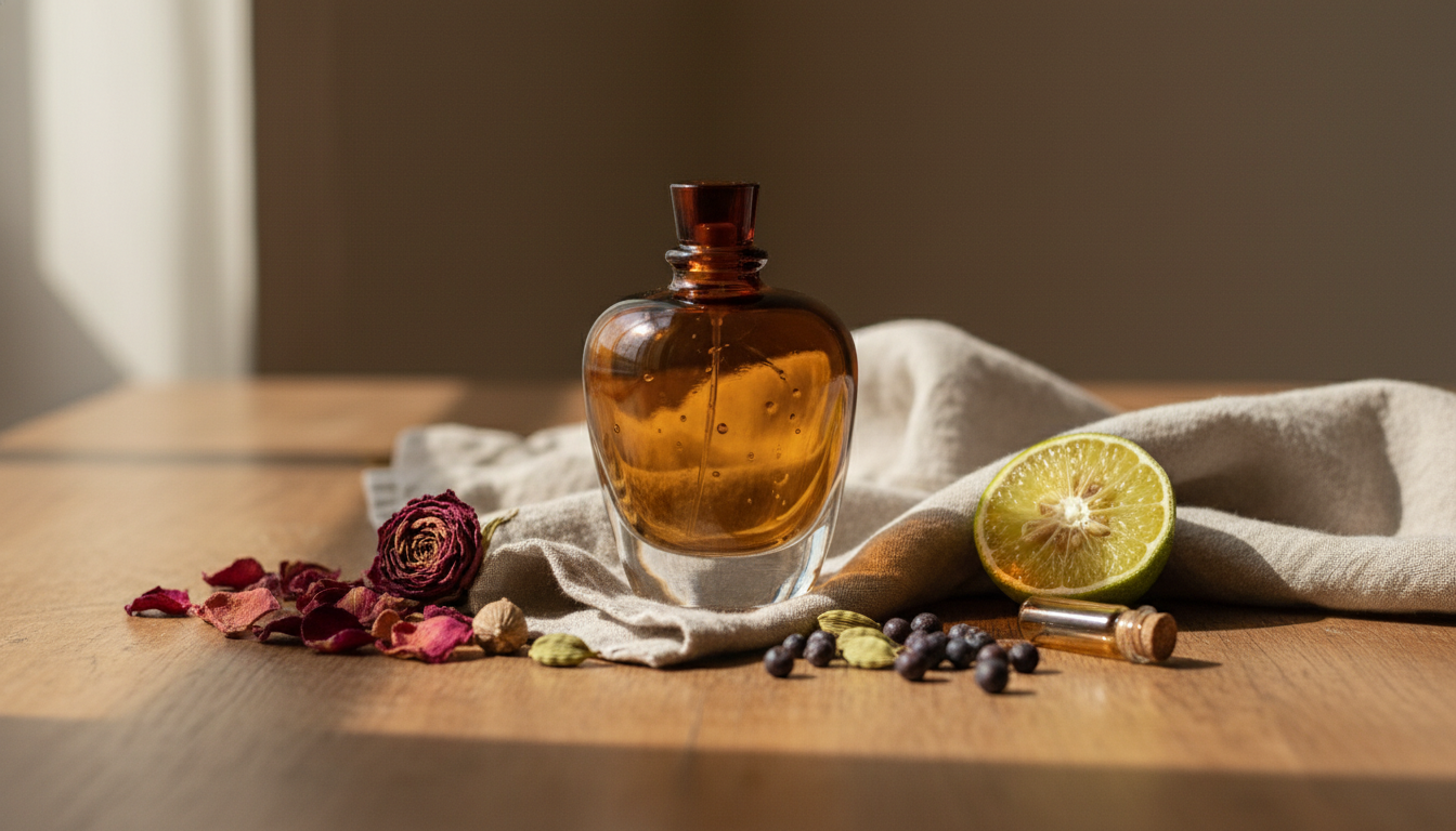 Frasco artesanal âmbar de perfume sobre mesa de madeira, com pétalas de rosa secas, cardamomo, bagas de zimbro, meia bergamota e um pequeno frasco de amostra ao lado, luz natural suave.