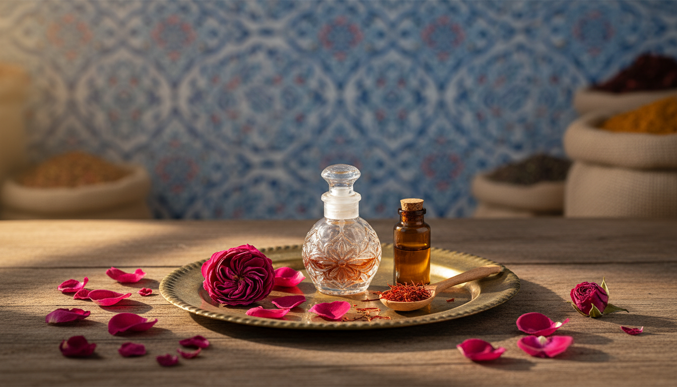 Bandeja de latão com frasco de perfume ornamentado, pétalas de rosa‑damascena e pequeno frasco âmbar sobre mesa de madeira, fundo desfocado com azulejos turcos e especiarias.