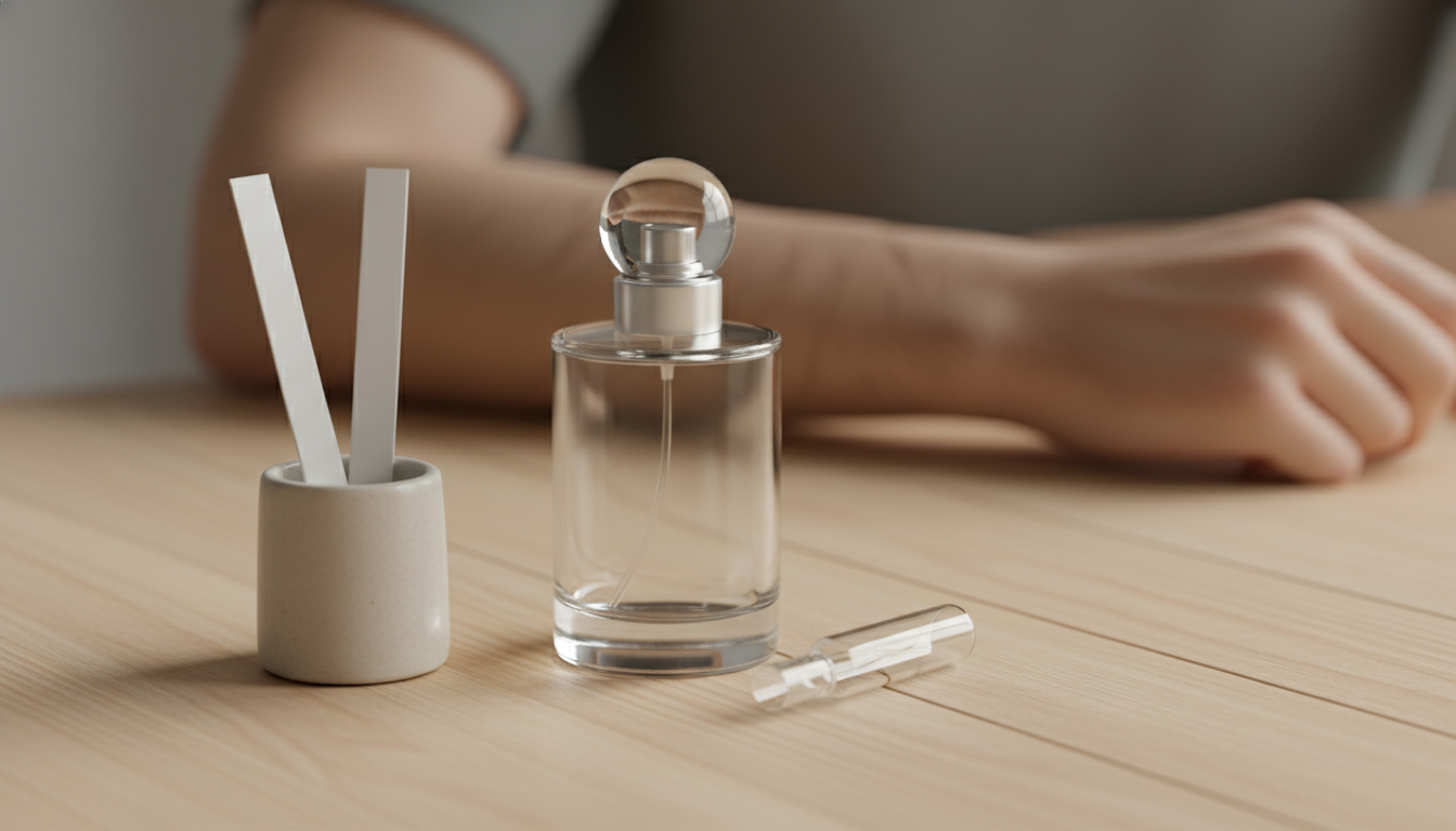 Frasco de perfume unissex neutro sobre bancada de madeira com duas tiras de prova em suporte cerâmico e antebraço parcial ao fundo, iluminação natural suave.