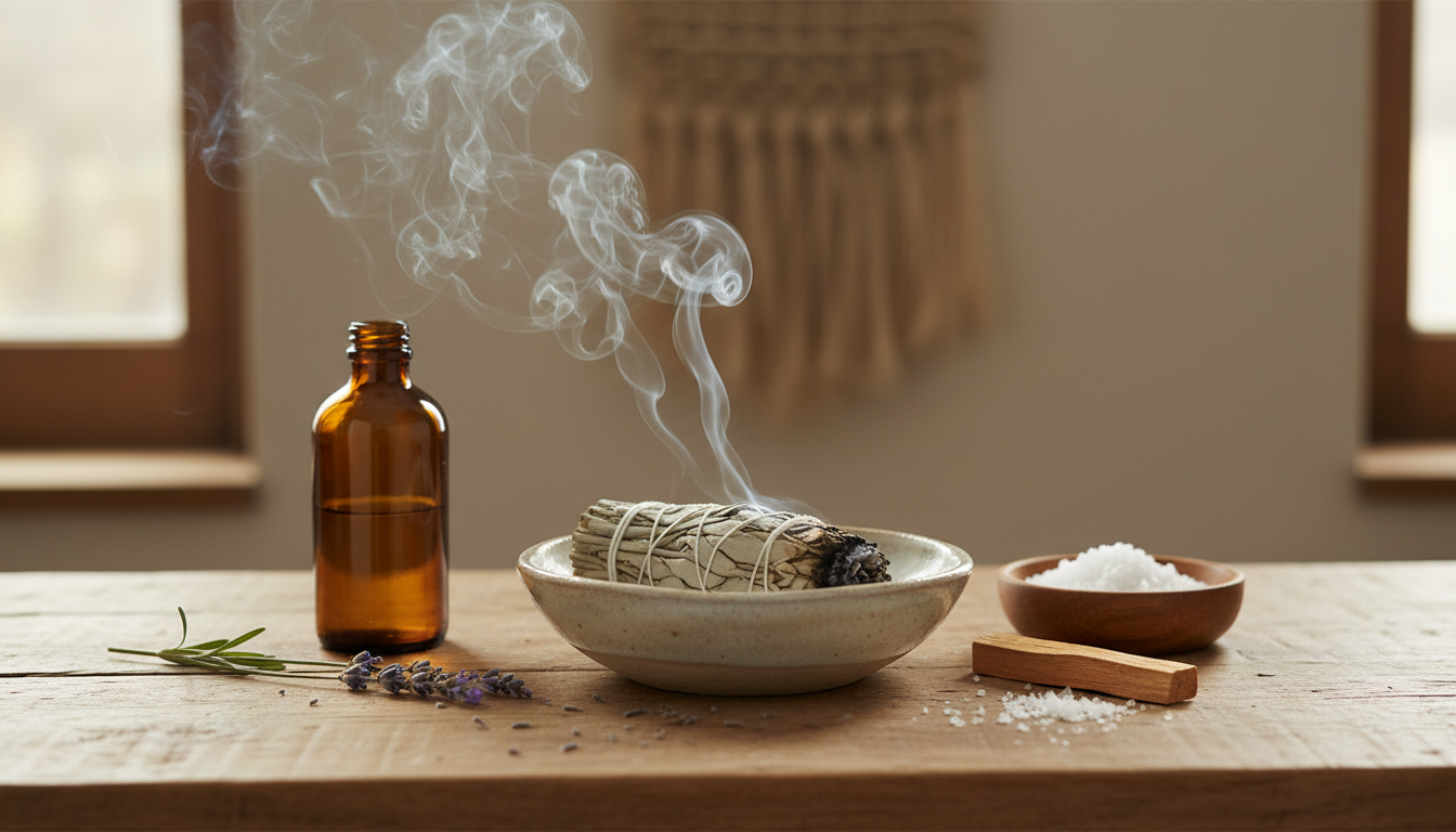 Feixe de sálvia fumegante em tigela cerâmica sobre mesa de madeira, com frasco âmbar de óleo essencial, ramos de lavanda e tigela com sal grosso ao lado, luz natural suave.