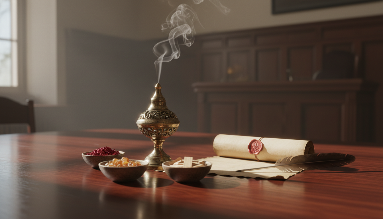 Incensário de latão emitindo fumaça fina sobre mesa de madeira, ao lado de um pergaminho selado e tigelas com pétalas e resina — cena editorial que remete a fragrâncias cerimoniais em cortes históricas.