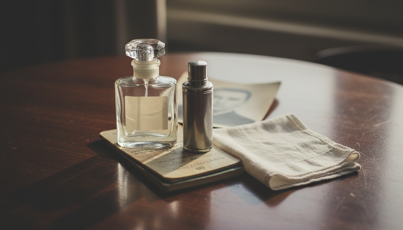 Close-up editorial de frascos de perfume vintage sem rótulo, atomizador de bolso e documento de viagem envelhecido sobre mesa de madeira, sugerindo tradecraft olfativo da espionagem na Guerra Fria.
