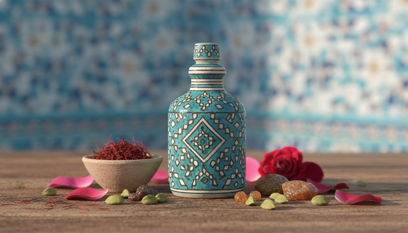Natureza morta editorial com frasco de perfume cerâmico uzbeque ao centro, pétalas de rosa, fios de açafrão em tigela, pedaços de âmbar e vagens de cardamomo sobre mesa de madeira, fundo desfocado com azulejos tradicionais.