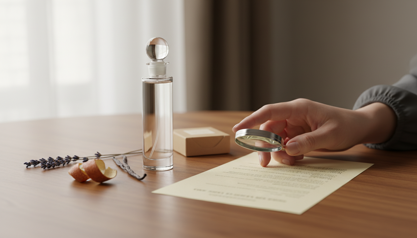 Mão segurando lupa sobre ficha de ingredientes desfocada ao lado de um frasco de perfume sobre mesa de madeira, com ramos secos e fava de baunilha ao redor.