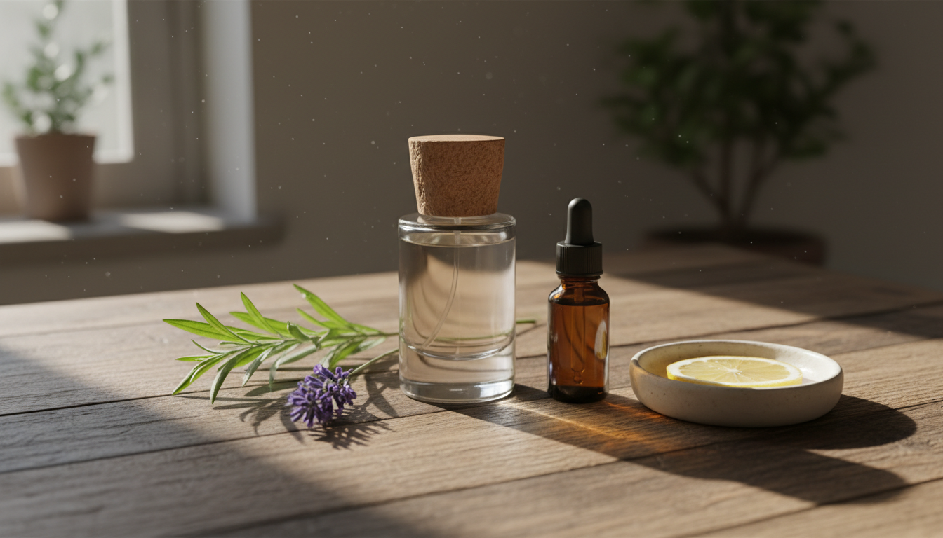 Frasco de perfume sem rótulo sobre mesa de madeira com lavanda, fatia de limão e frasco âmbar de óleo essencial, luz natural suave.